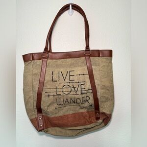 Live Love Wander Canvas Tote with Brown Leather Trim
